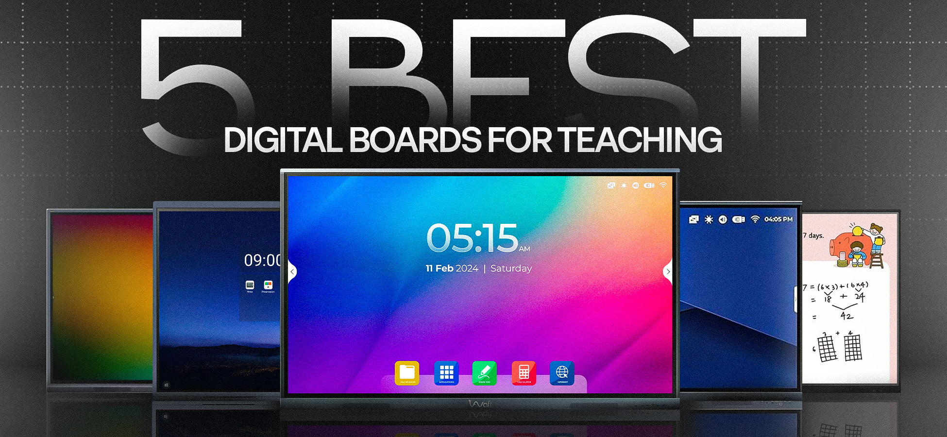 A modern classroom with a teacher using a sleek digital board, showcasing interactive learning with educational icons in the background, titled '5 Best Digital Boards for Teaching