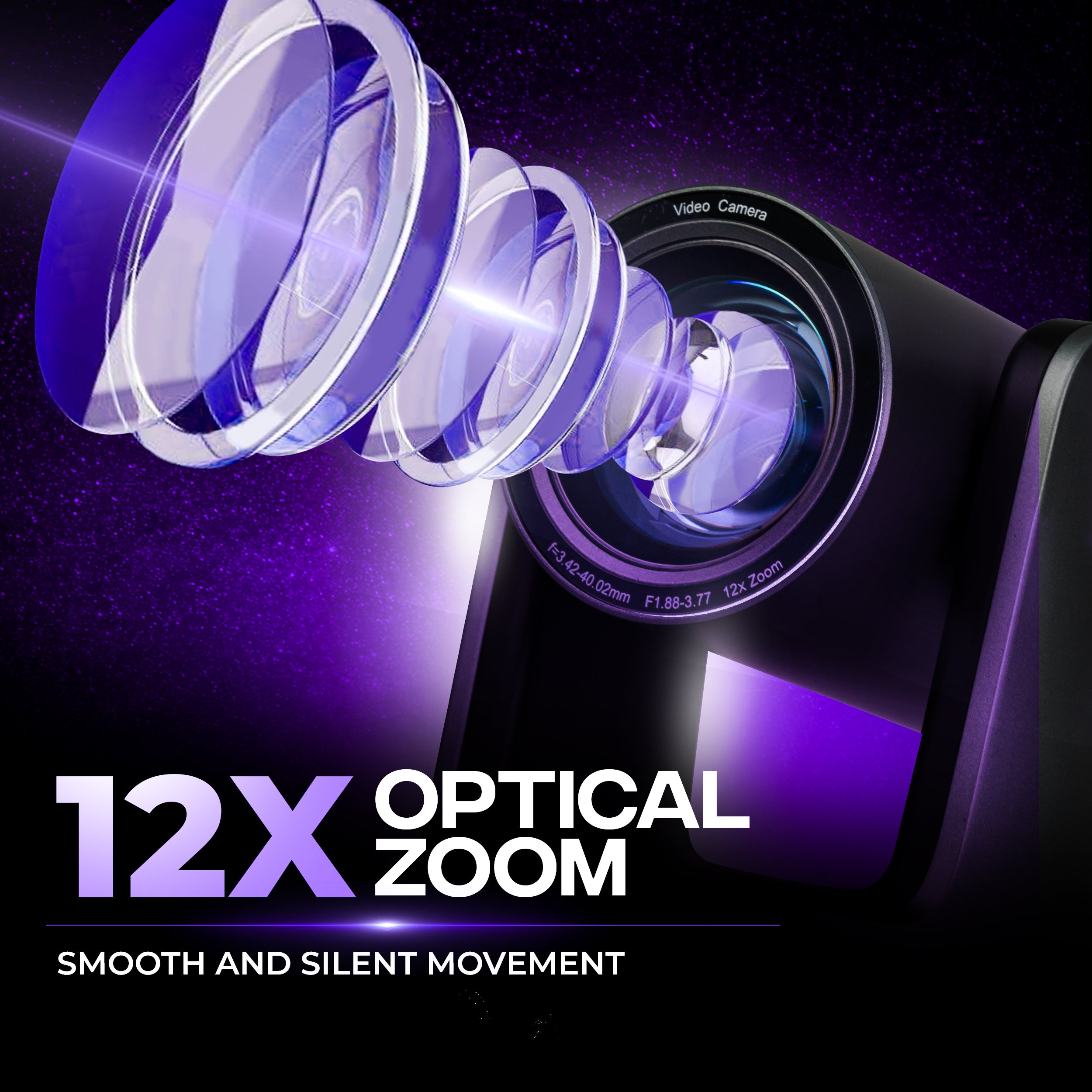 Close-up of the 4K PTZ Camera Pro's 12X optical zoom lens offering smooth and silent movement, perfect for professional video capturing