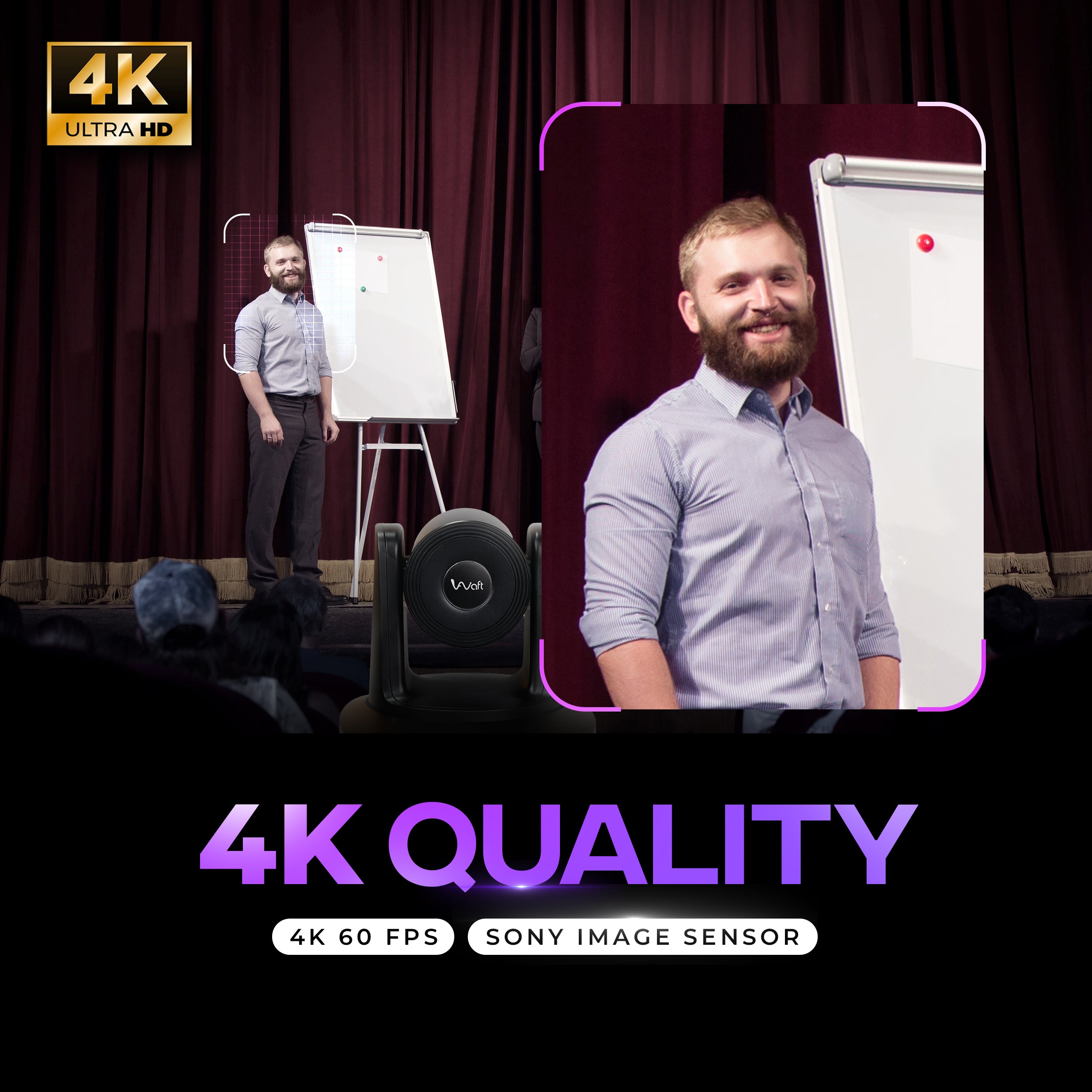 4K PTZ Camera Pro demo showcasing 4K UHD video quality with 12X optical zoom and advanced pan-tilt functionality during a live presentation