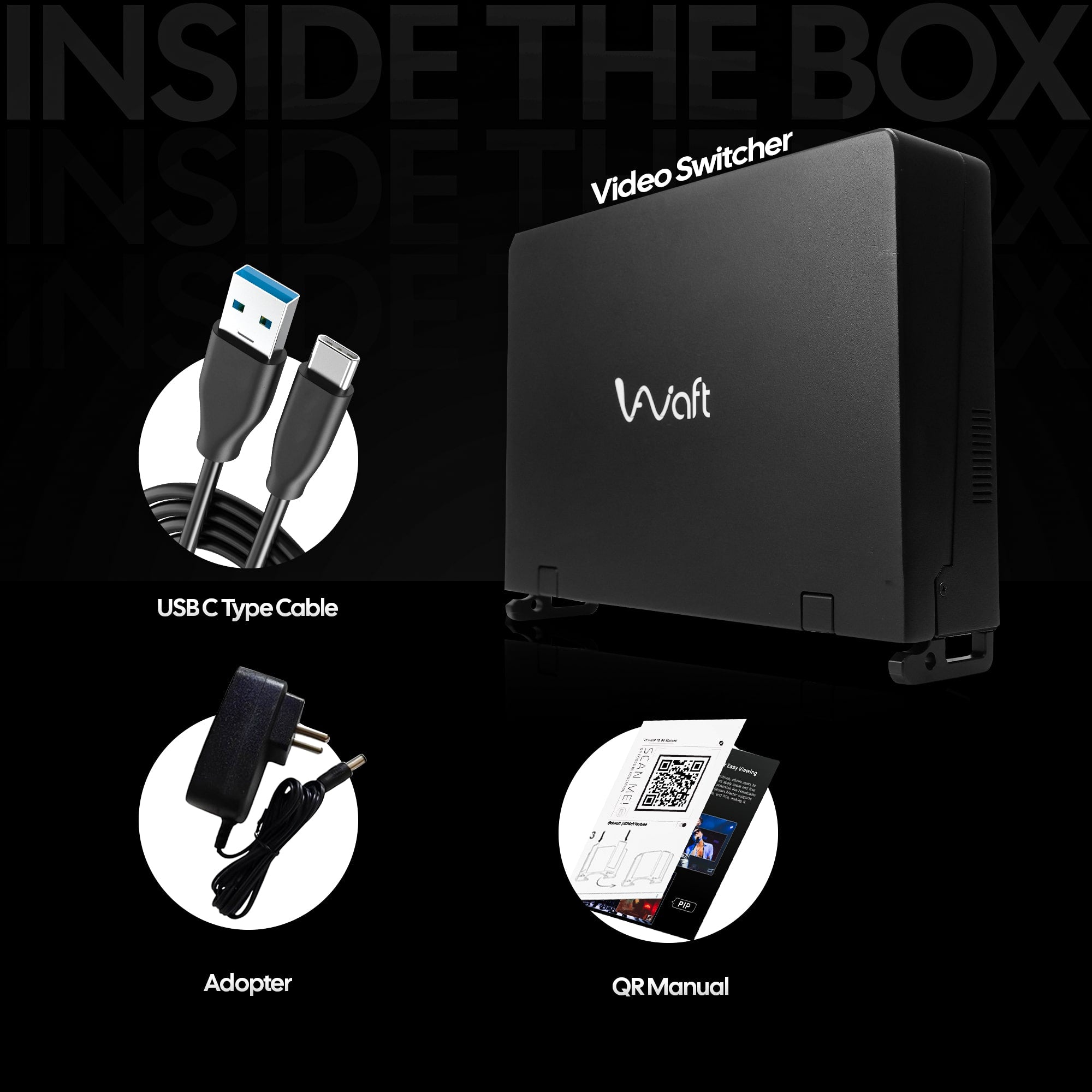 Inside the AIWaft HDMI Video Mixer box: includes the video switcher, USB-C cable, adapter, and user manual.