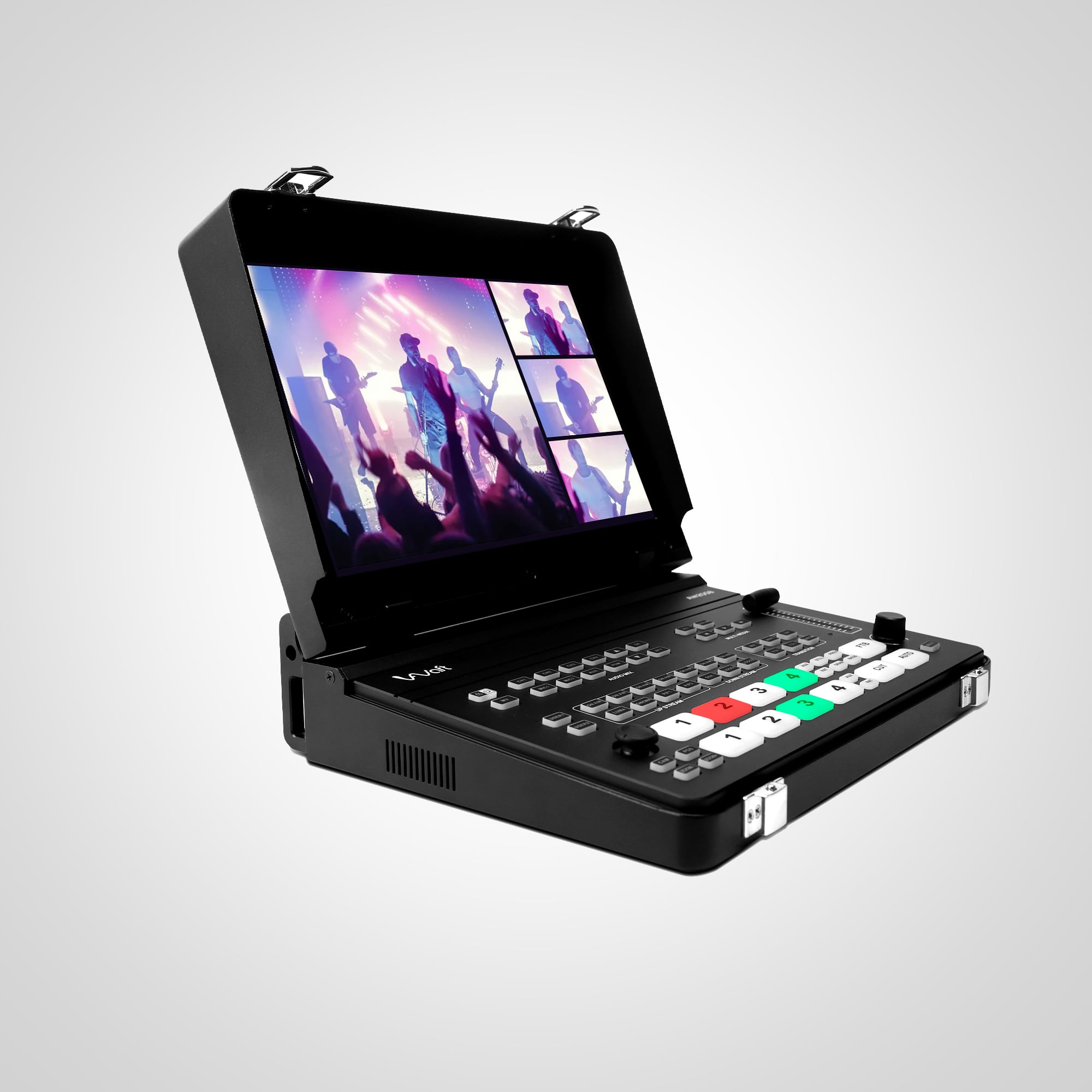 Portable AIWaft HDMI Video Mixer with a 10-inch flip screen, showcasing a live concert video editing setup.