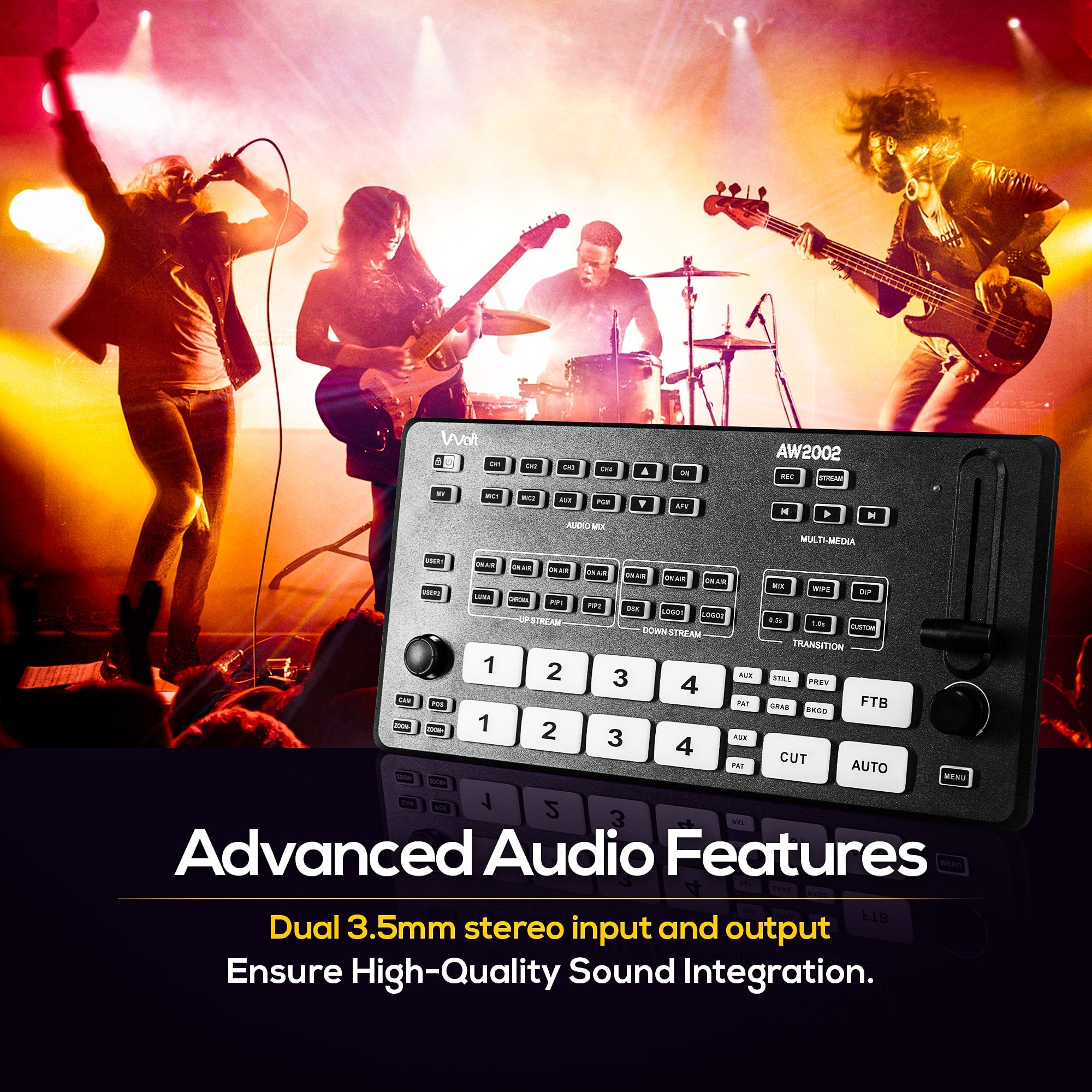 AIWaft HDMI Video Switcher with dual stereo audio inputs for high-quality sound integration.