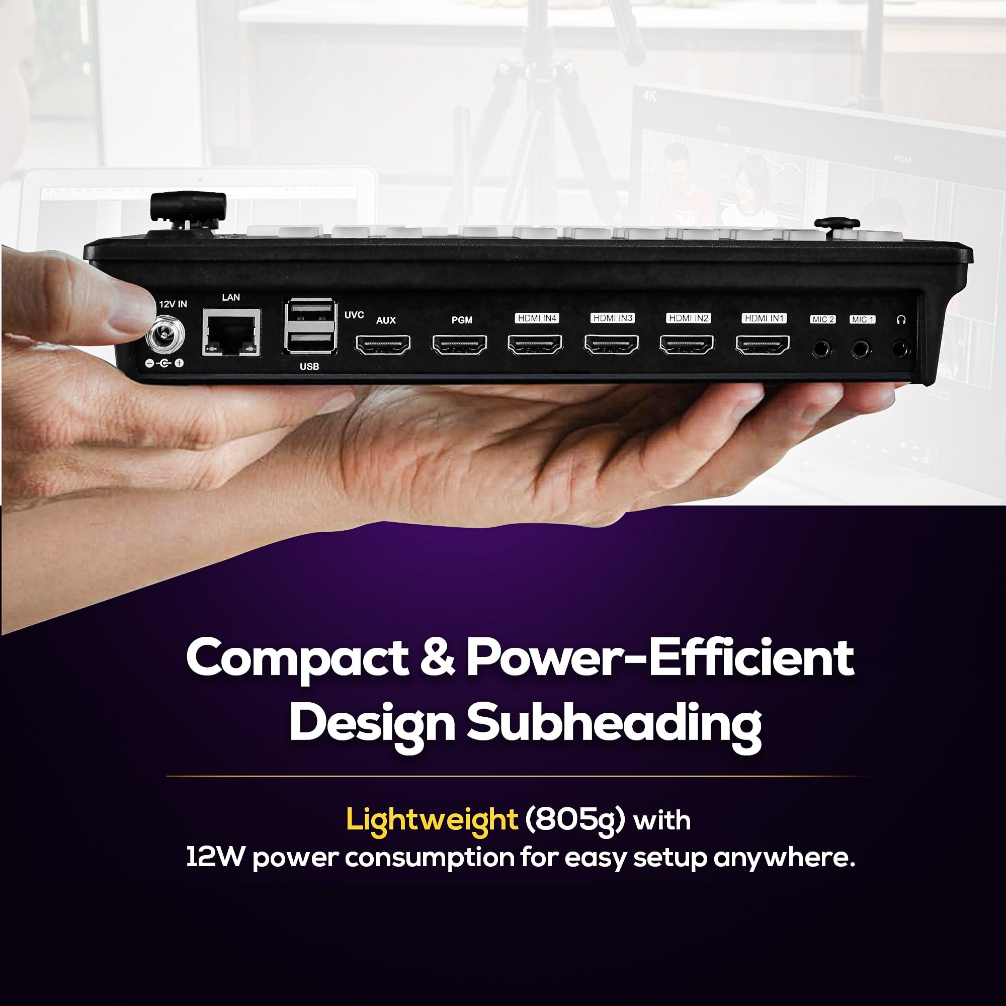 AIWaft HDMI Video Switcher with compact and power-efficient design, lightweight at 805g.