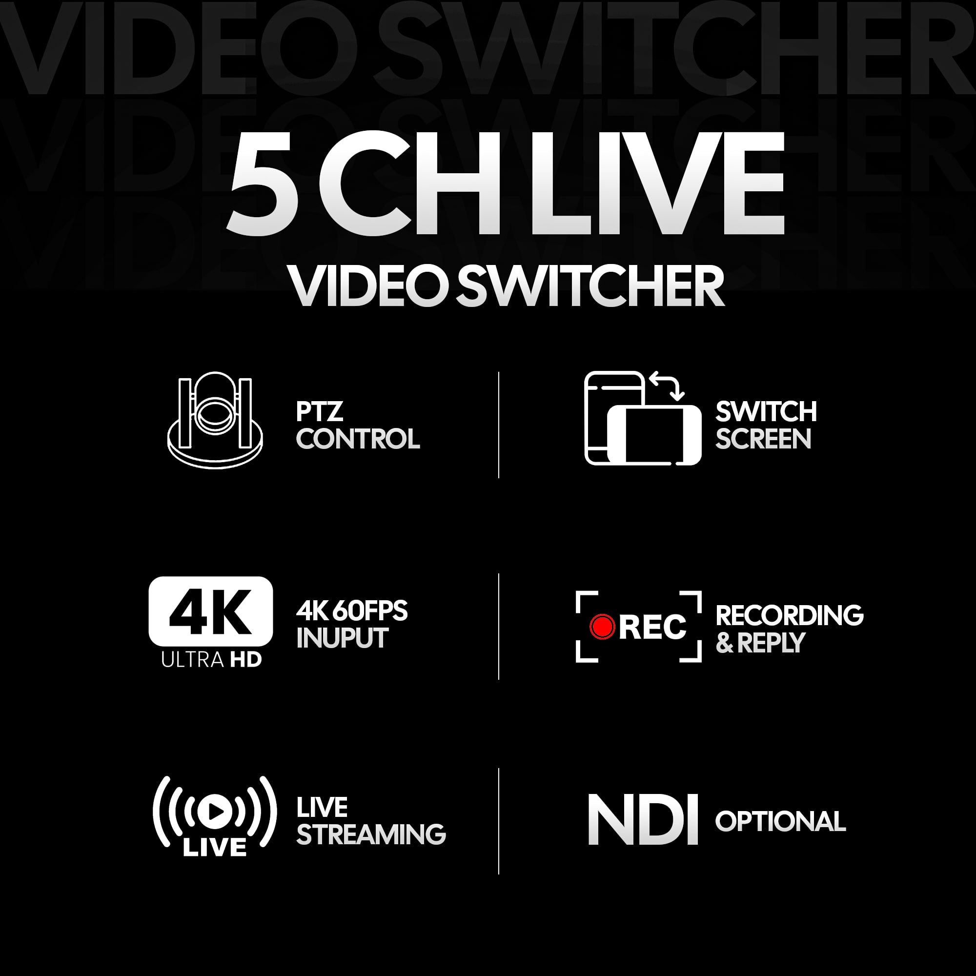 AIWaft 5-channel live video switcher with 4K 60FPS input, PTZ control, recording & replay, and live streaming capabilities.